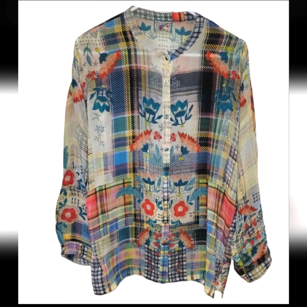 Johnny Was Patchwork Button Down Blouse, 100% Pure Silk, Roll Tab Sleeve, Sz Lrg
